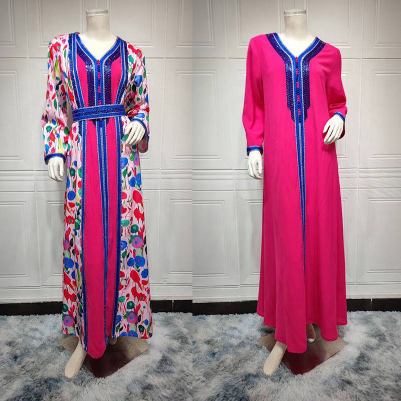 طقم من قطعتين من جلابية قفطان مطبوعة مرصعة بأحجار الراين مع بطانة داخلية