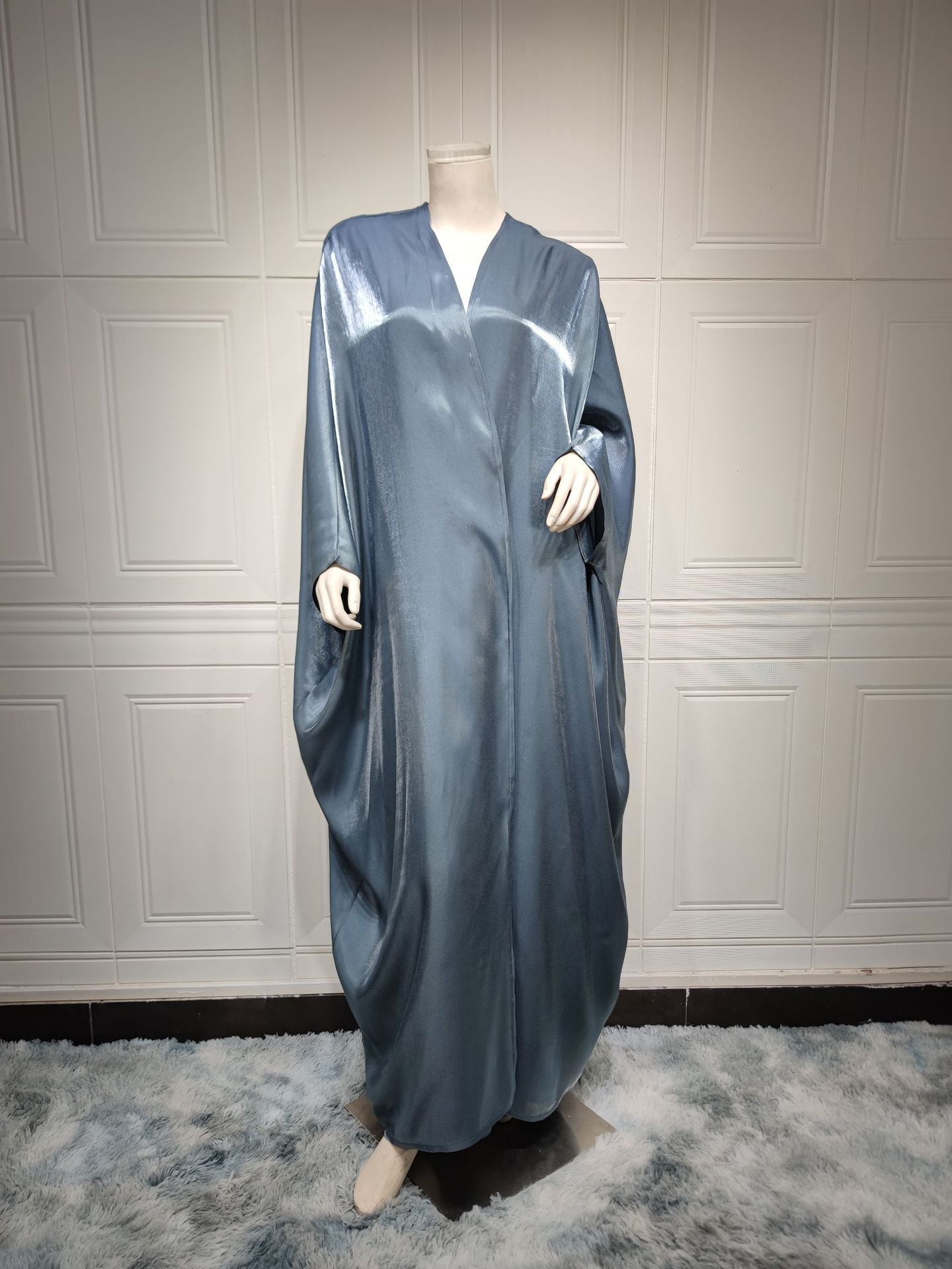 Gray - Free Size - Batwing Sleeve Farasha Cardigan Open Abaya Dress For Muslim Women