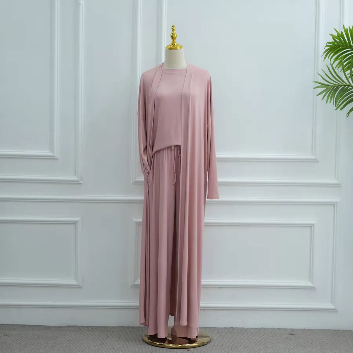 Muslim Women 3 Pieces Set Modal Tops And Pants Suit Set With Open Abaya Dress #251076