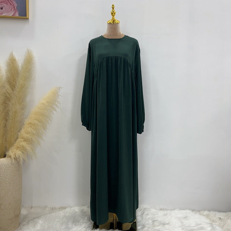 Dark Green - M/L - Satin Long Robe Abaya Dress With Pocket