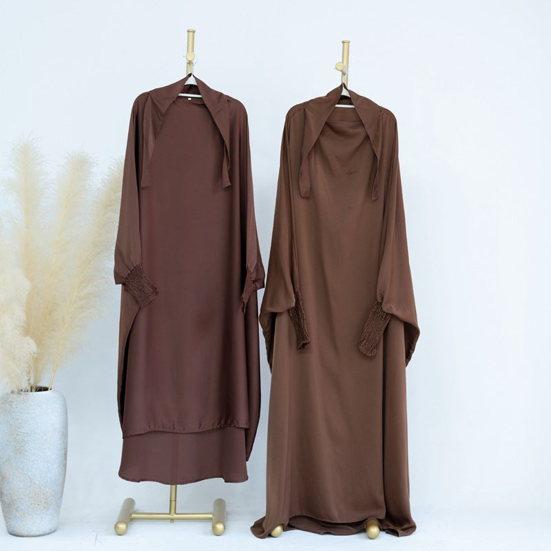 Muslim Women Mother And Daughter Girl Matching Satin Prayer Dress Overhead Jilbab Robe