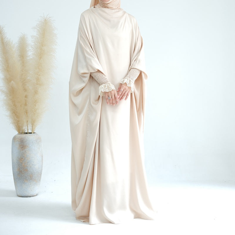 Apricot - S/M/L - Satin Lace Cuffs Overhead Jilbab Abaya Prayer Dress