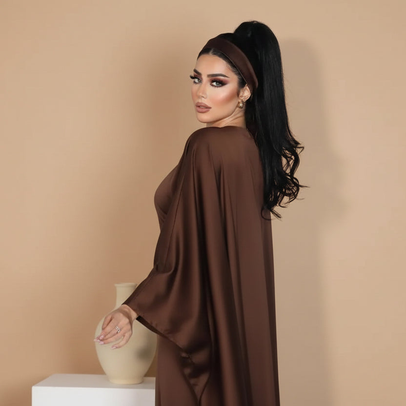 Coffee Satin Batwing Sleeve Farasha Abaya Dress