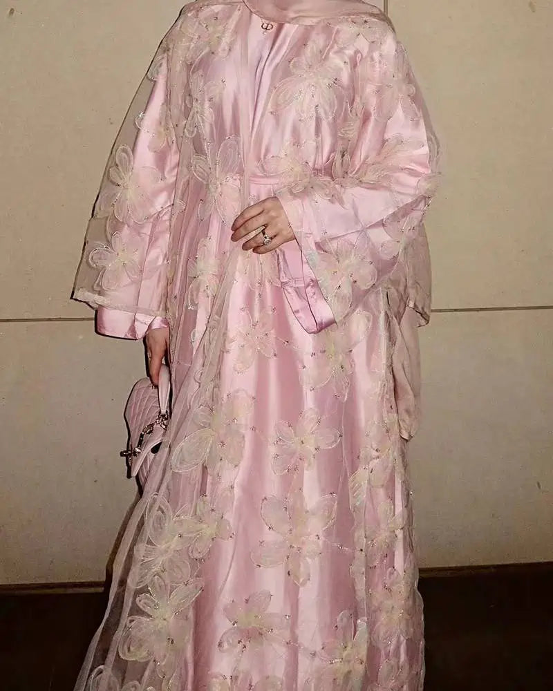 2 Pieces Set Hook Flower Embroidery Open Abaya Dress Set With Inner Dress #251071