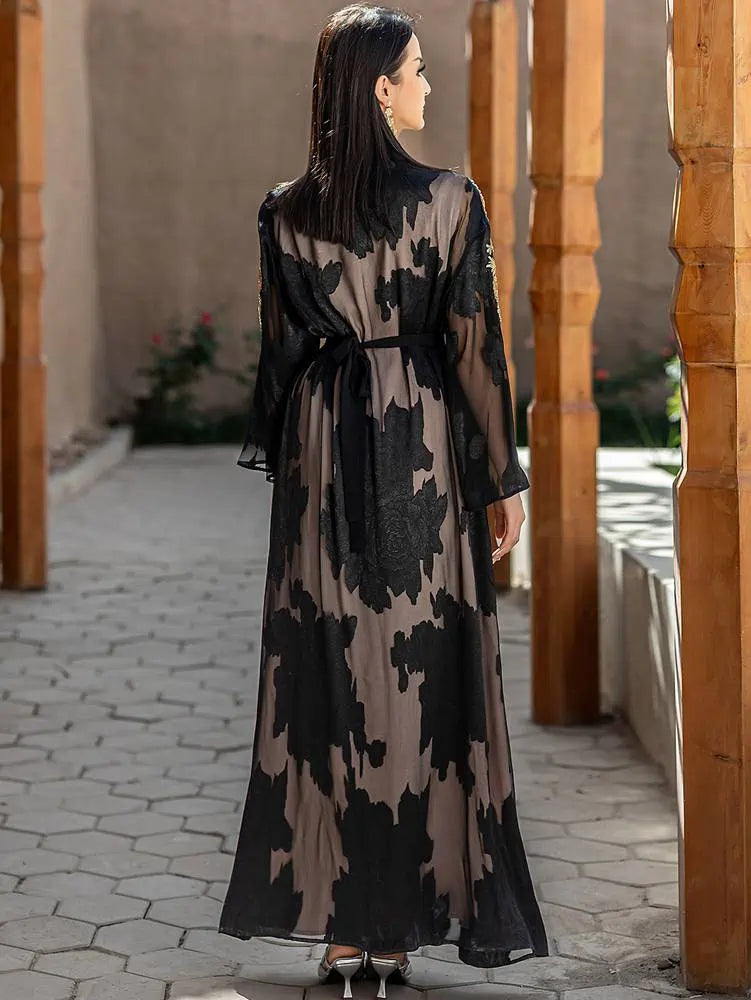 2 Pieces Set Lace Embroidery Open Abaya Dress Set With Inner Sleeveless Dress #255228