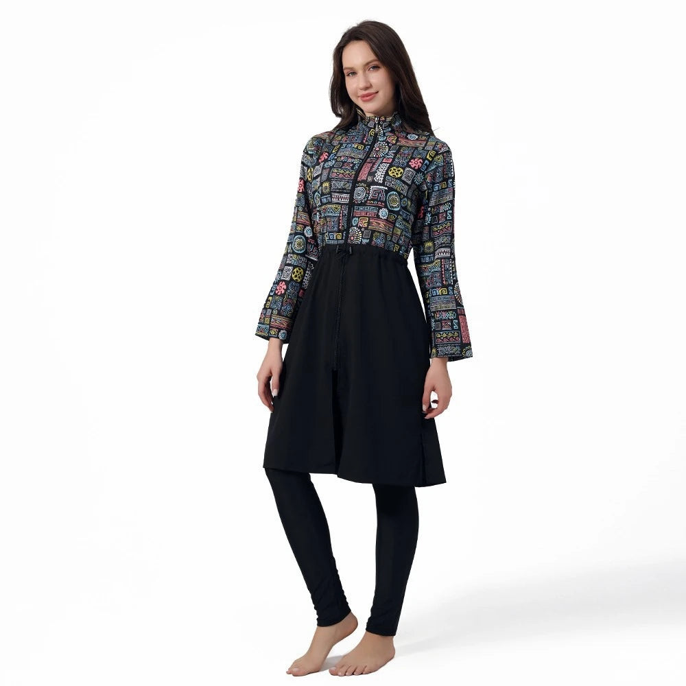 طقم 3 قطع بوركيني مطبوع ملابس سباحة حلال #25022