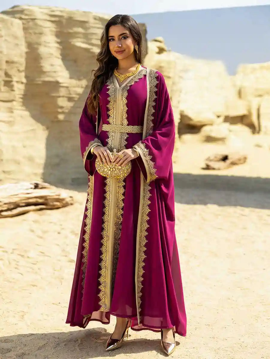 فستان قفطان شيفون نسائي - طقم قطعتين - مع فستان داخلي - ملابس العيد - #25465