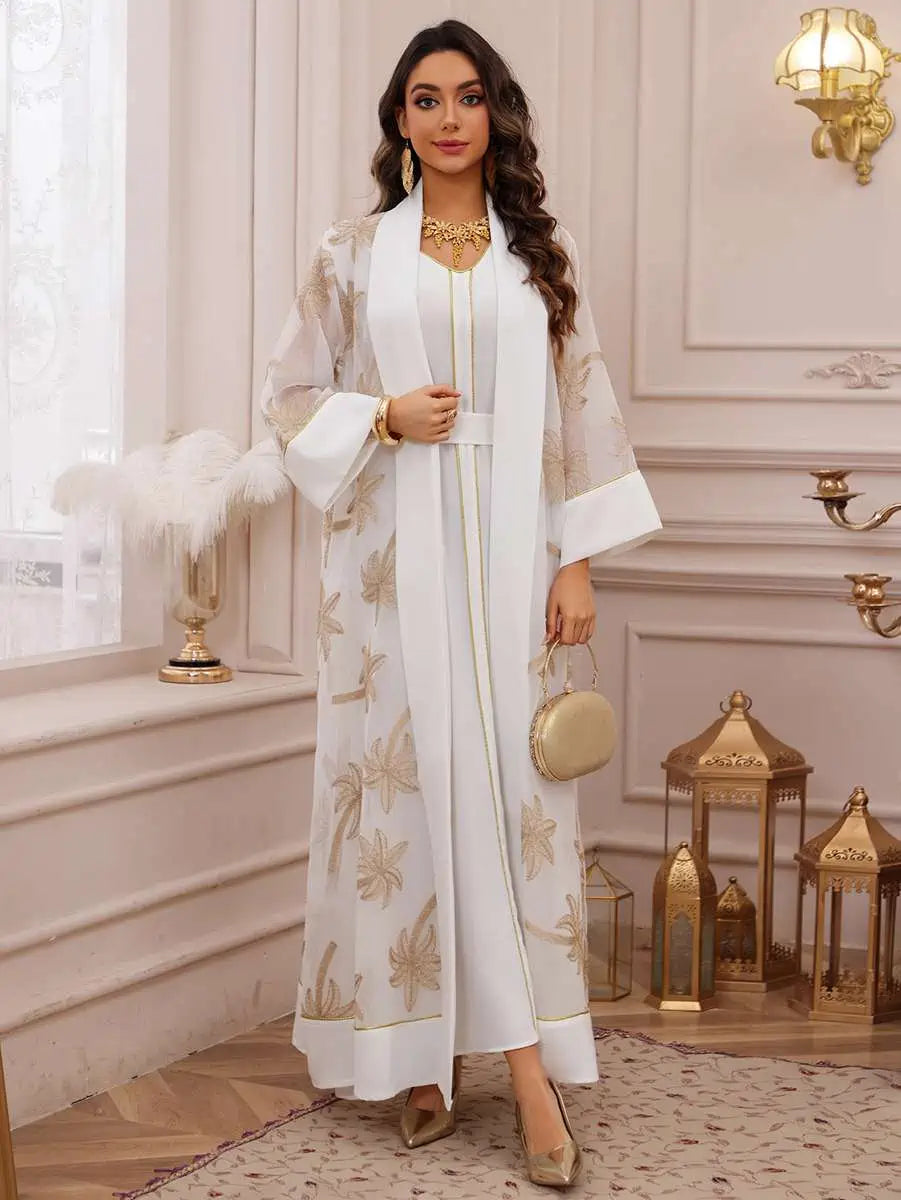 طقم مكون من قطعتين من فستان العيد المطرز قفطان مع فستان داخلي بدون أكمام #25481