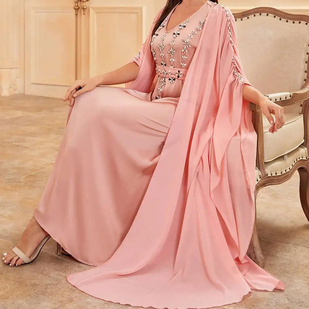 Hand-stitched Rhinestone 2 Pieces Set Caftan Kaftan Dress With Inner Sleeveless Dress #252507