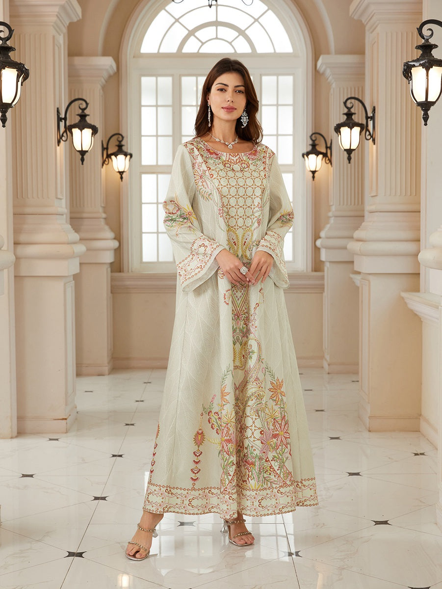 Hotfix Rhinestones Printed Caftan Kaftan Dress For Women - Jacquard Mukhawar Jalabiya Eid Dress - Apricot - #26N04
