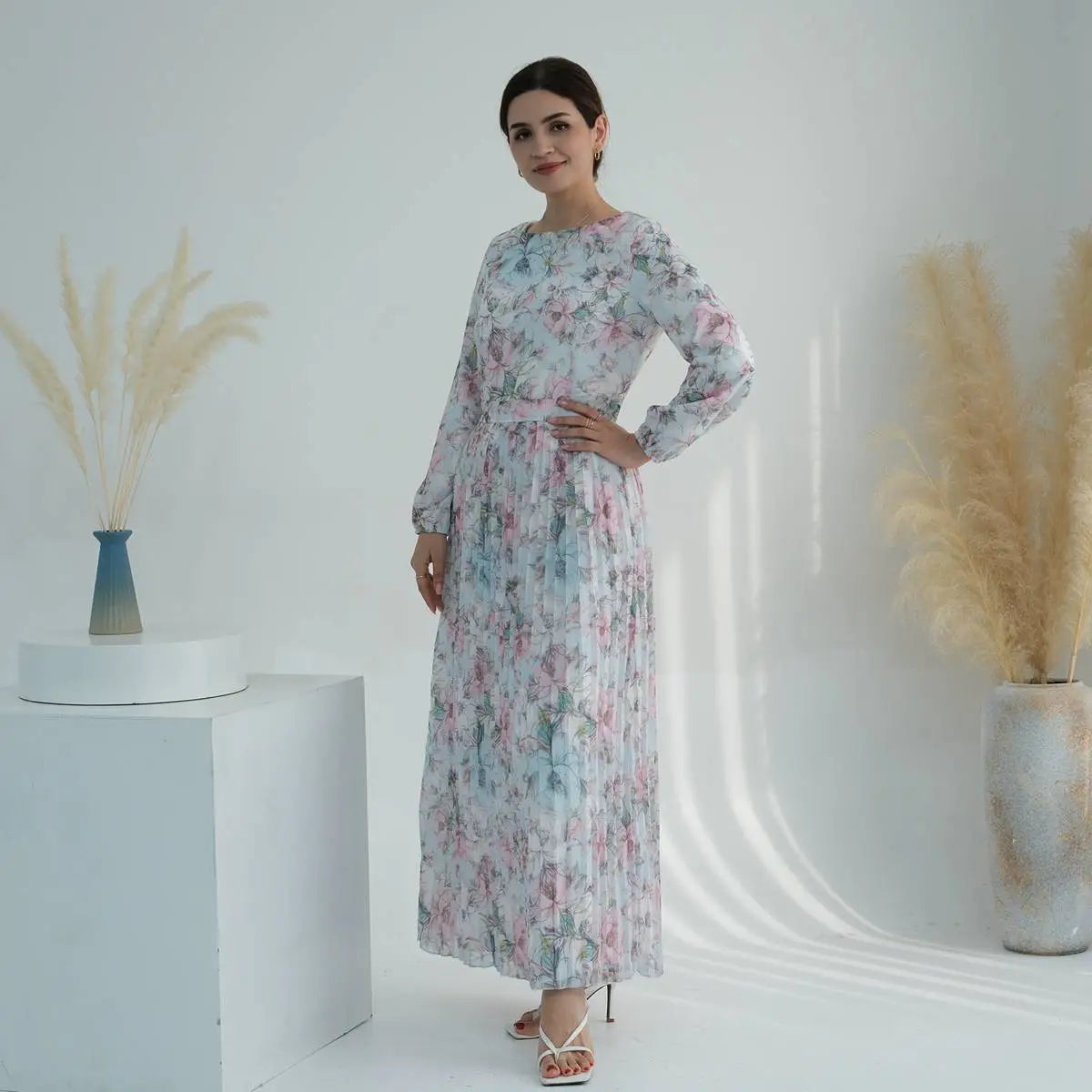 فستان عباية شيفون مطبوع مطوي للنساء المسلمات