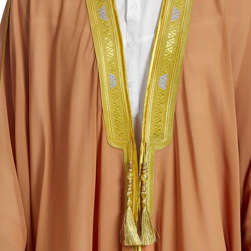 Islamic Muslim Arab Men Bisht Chiffon Fabric With Tassel And Embroidery