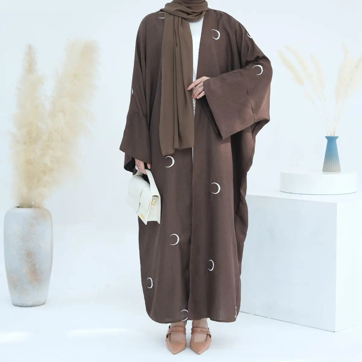 Moon Embroidery Cotton Blended Cardigan Open Abaya Dress