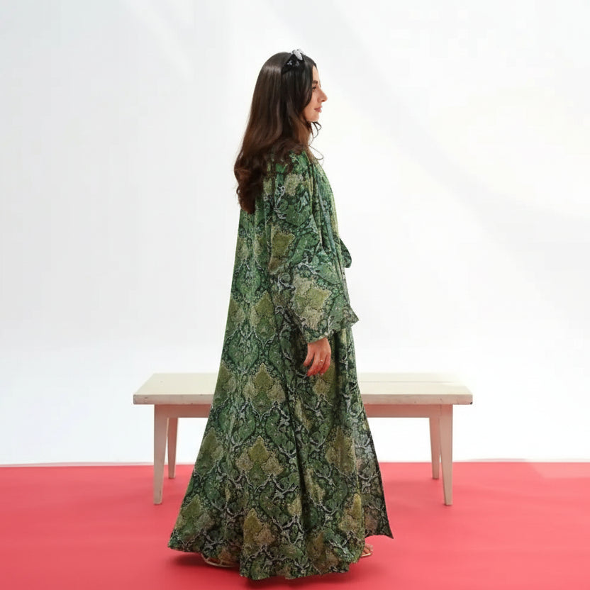 Matching Hijab Green Floral Printed Cardigan Open Abaya Dress