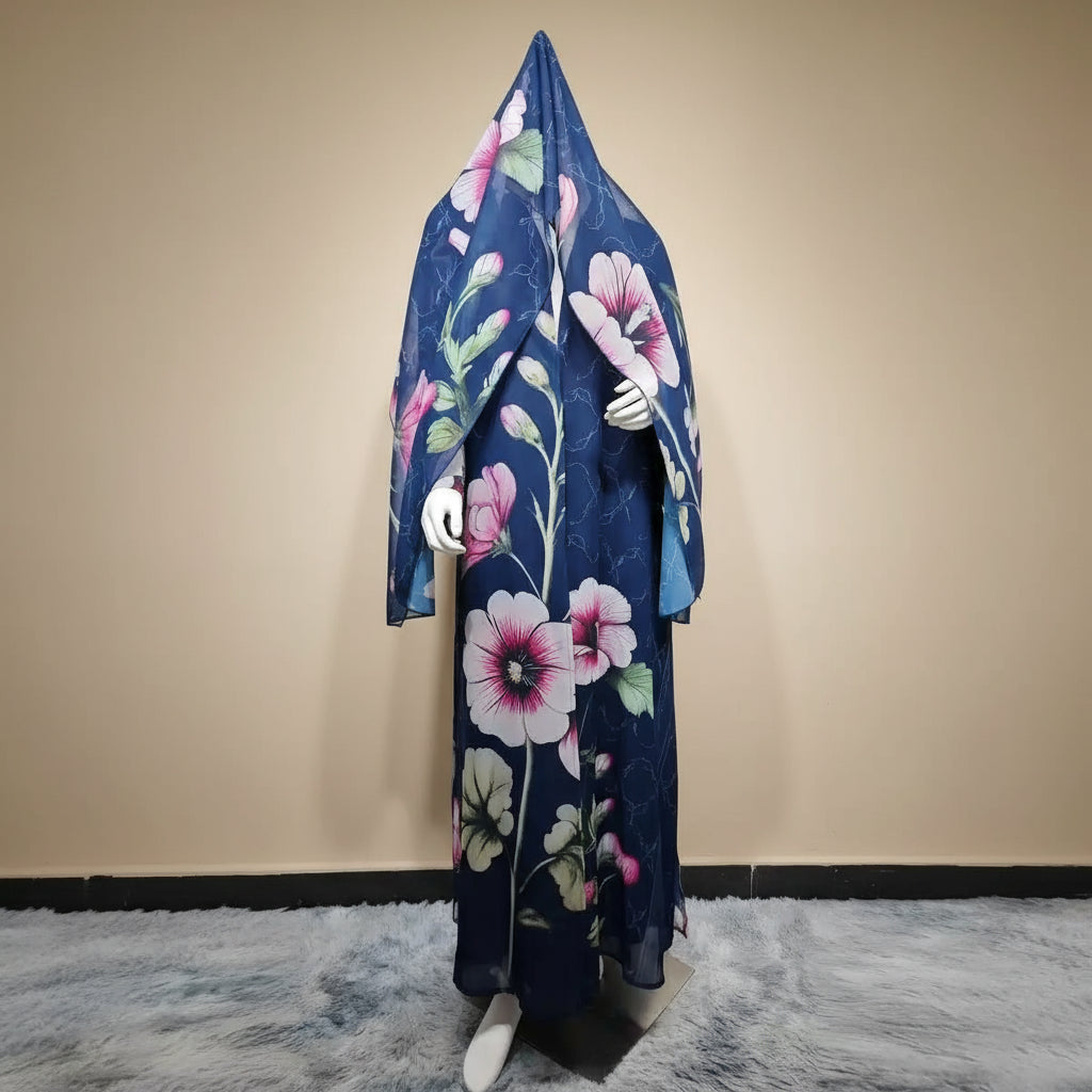 With Matching Hijab Muslim Women Printed Cardigan Open Abaya Dress #25239