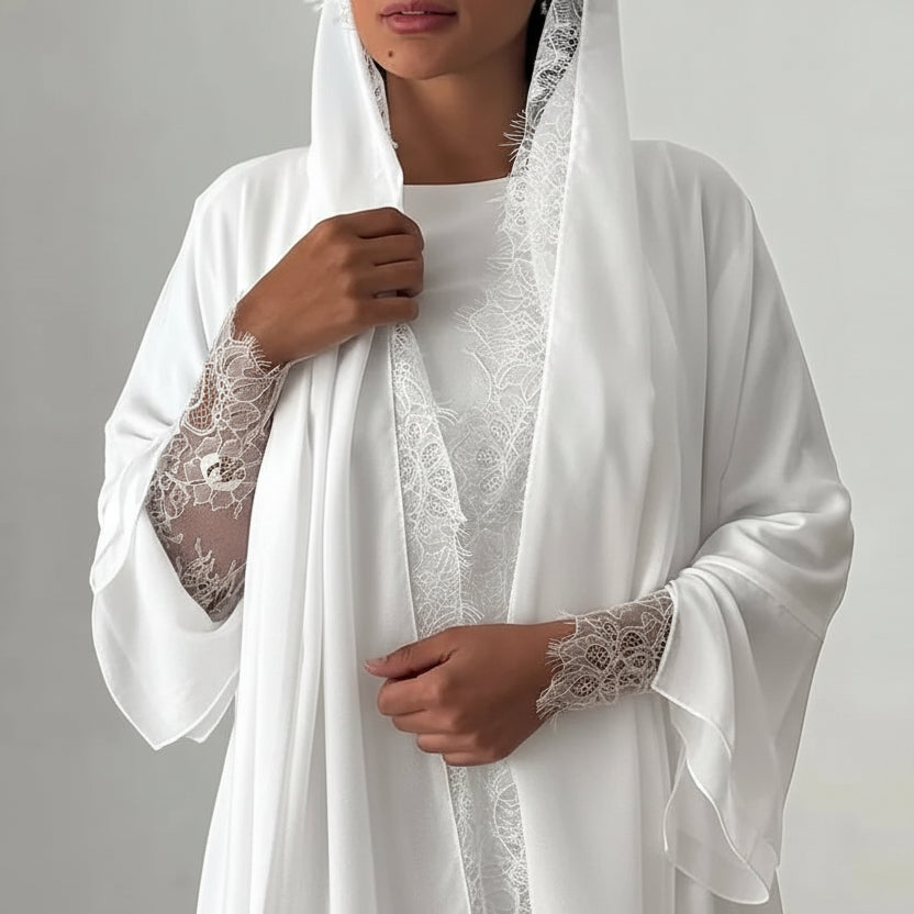 طقم من قطعتين من الكارديجان الدانتيل مع عباية مفتوحة وحجاب متناسق #25221