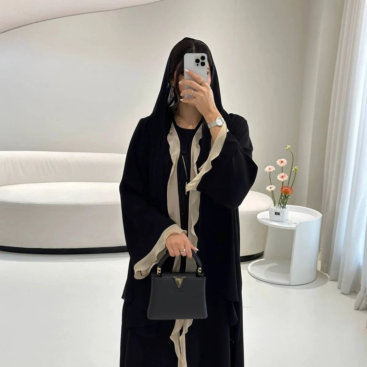Cardigan Open Abaya Dress - Flounced - Black - #25179