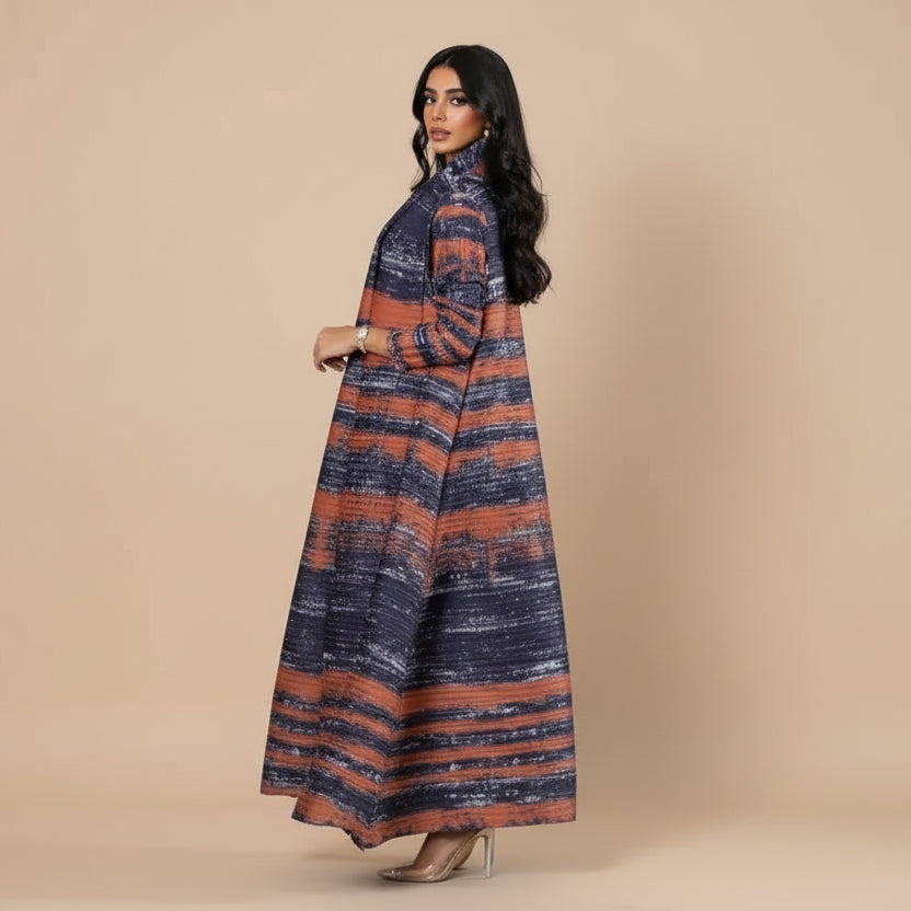 Pleated Sleeve Printed Cardigan Open Abaya Dress #25175