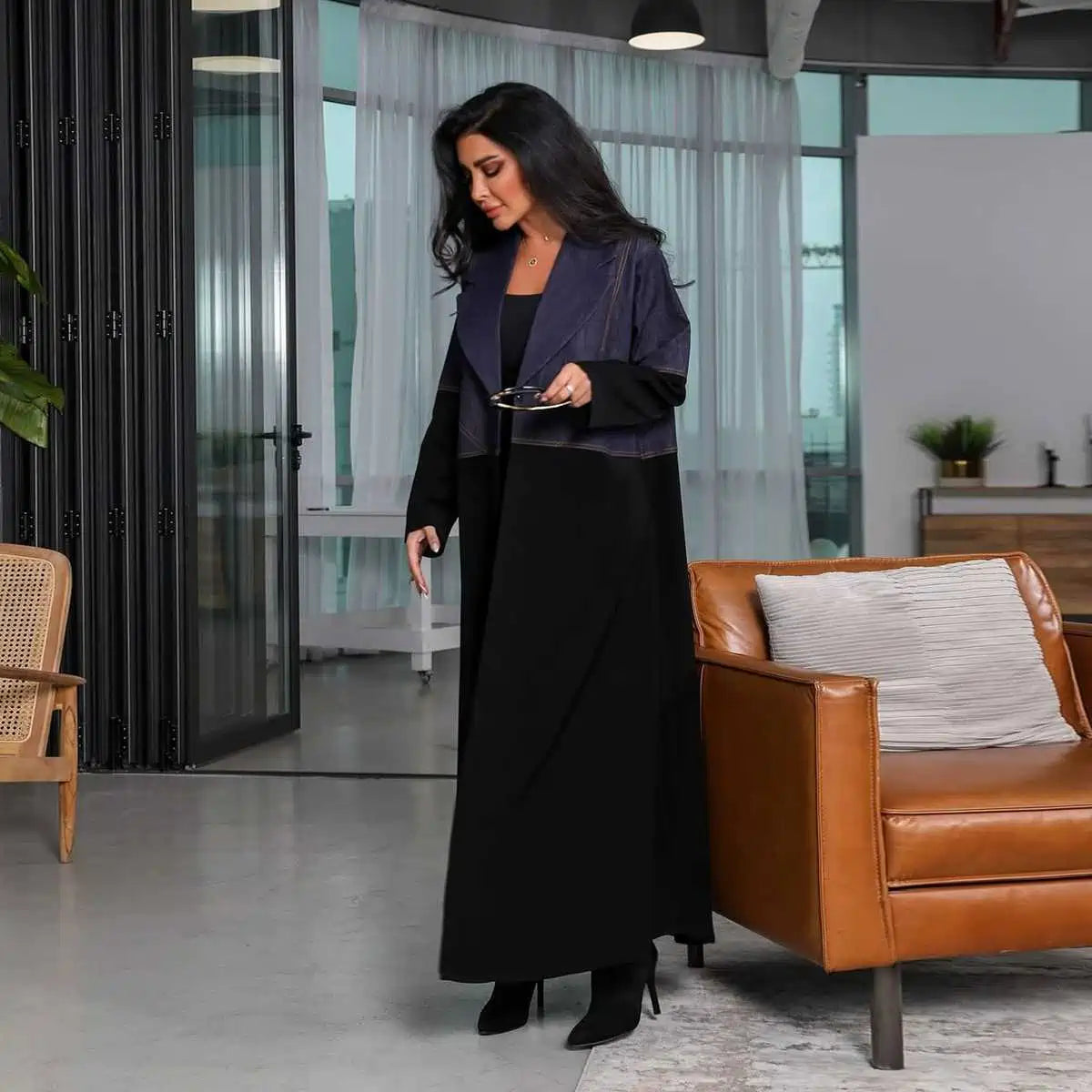 فستان عباية مفتوح من الكارديجان - قماش جينز مرقع - #25183