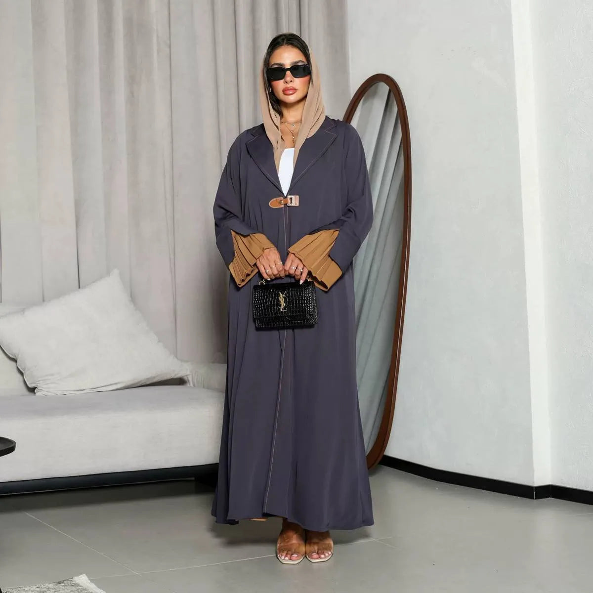 Women Open Abaya Dress - Pleated - Velvet Satin - Gray - #25171