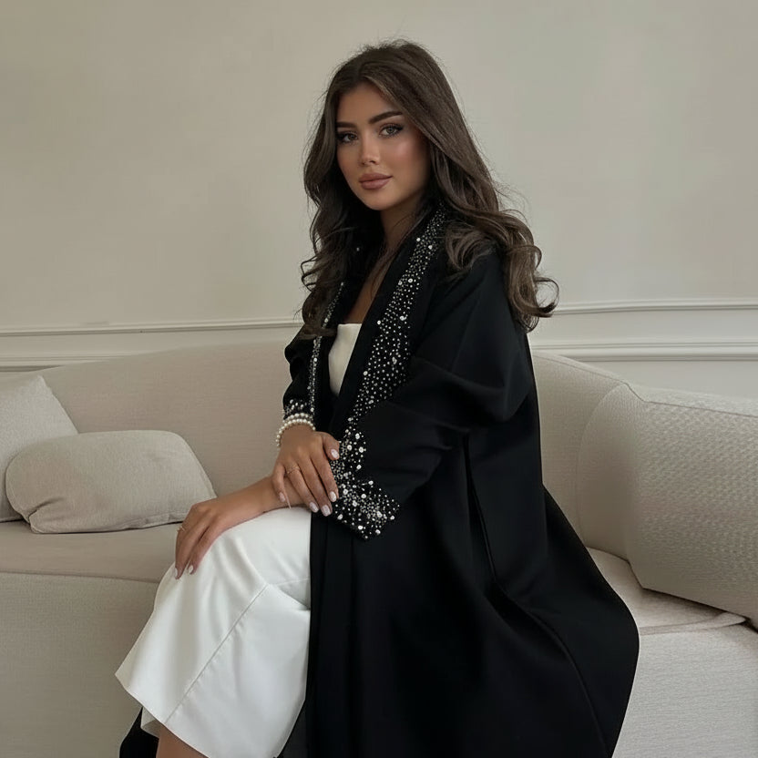 فستان كارديجان مفتوح مرصع بأحجار الراين بتقنية التثبيت الحراري #24169