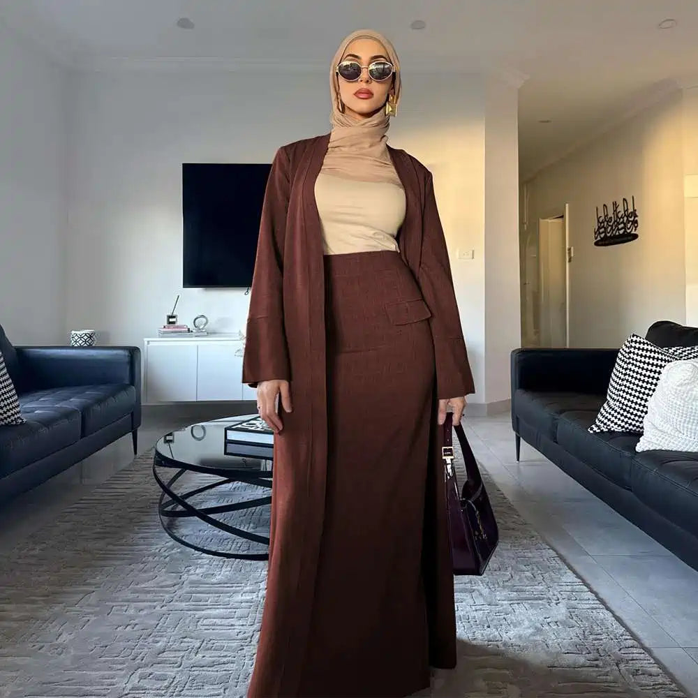 طقم عباية مفتوح مع تنورة للنساء المسلمات من قطعتين #251072