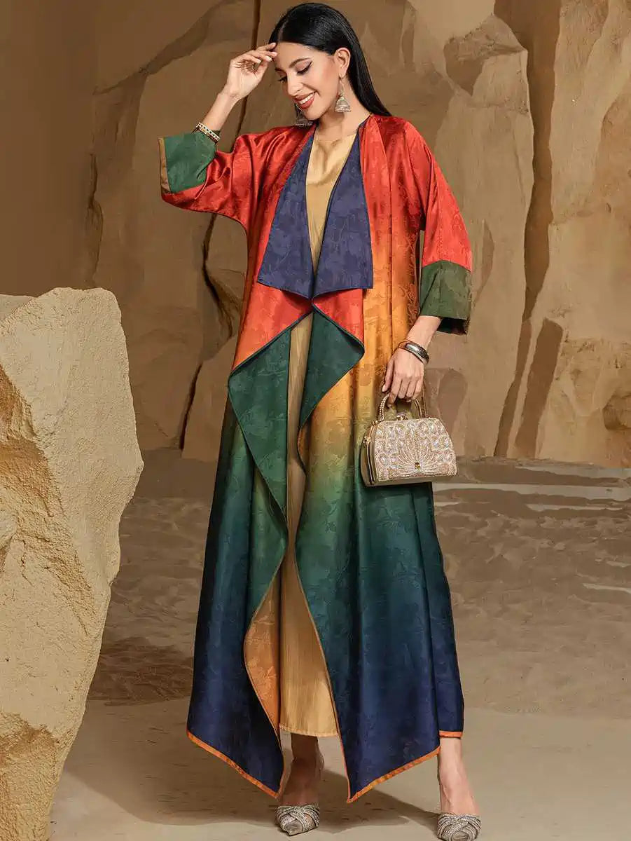 فستان عباية مفتوح من كارديجان قابل للعكس - جاكار - ساتان متدرج - #255034