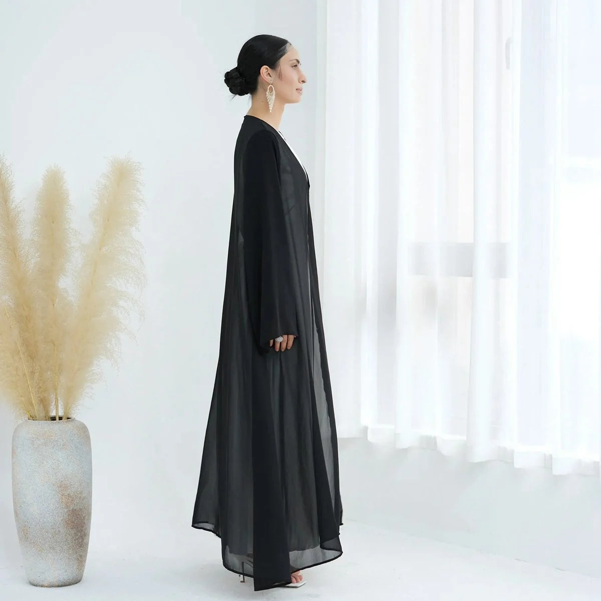 3 Pieces Set Open Abaya Dress Set With Inner Abaya Dress And Matching Hijab #25W842