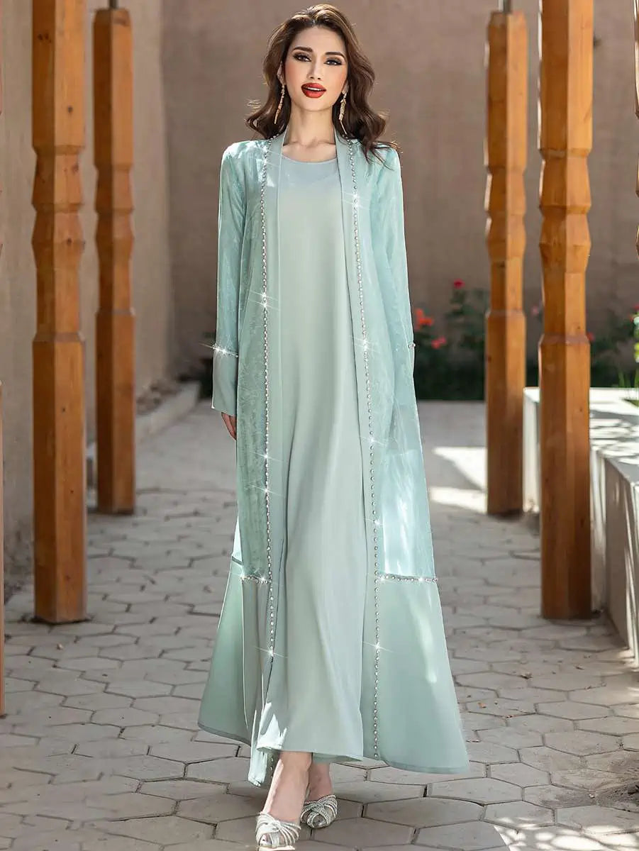 Hand-stitched Rhinestone 2 Pieces Set Open Abaya Dress Set With Inner Dress #255188