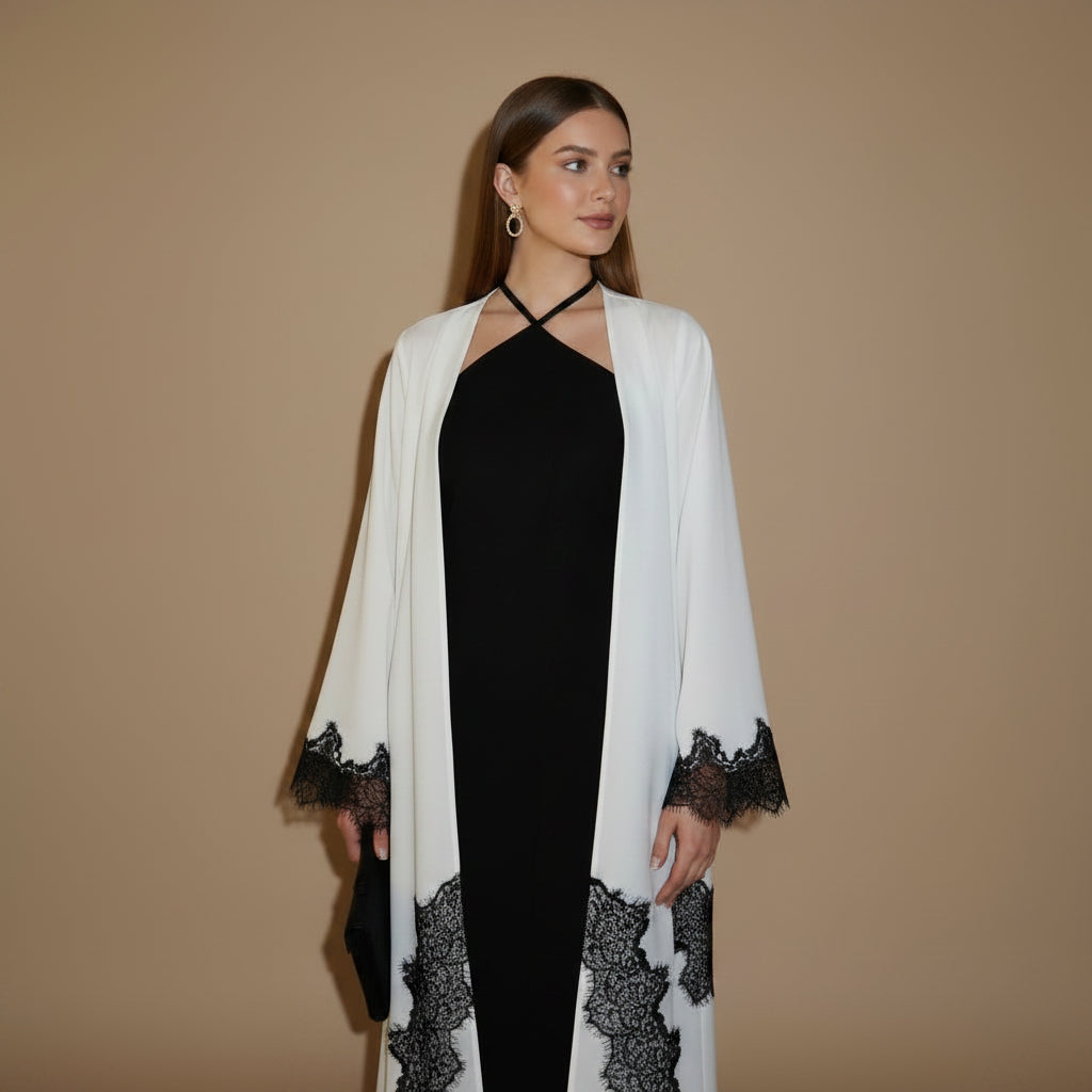 Muslim Women Lace Cardigan Open Abaya Dress With A Matching Hijab #26M286