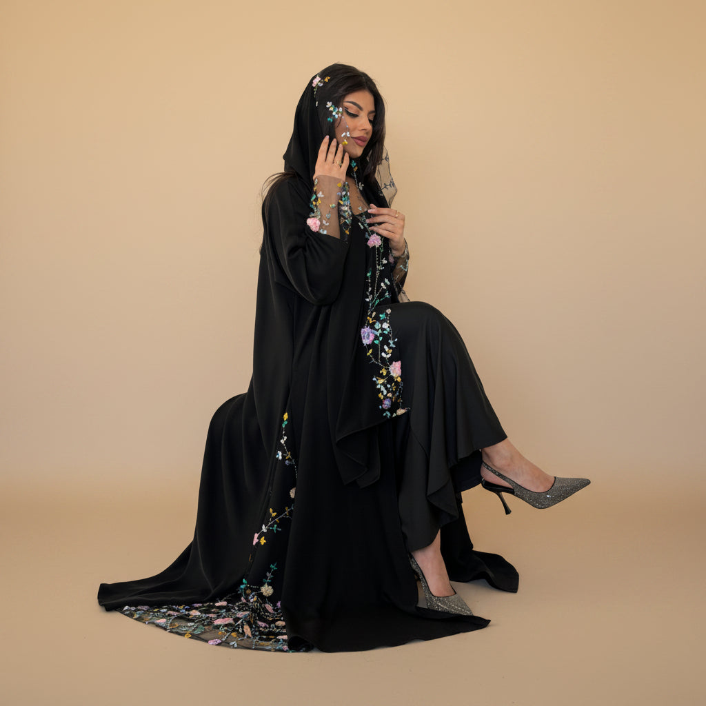 Muslim Women Floral Lace Cardigan Open Abaya Dress With A Matching Hijab #26M282