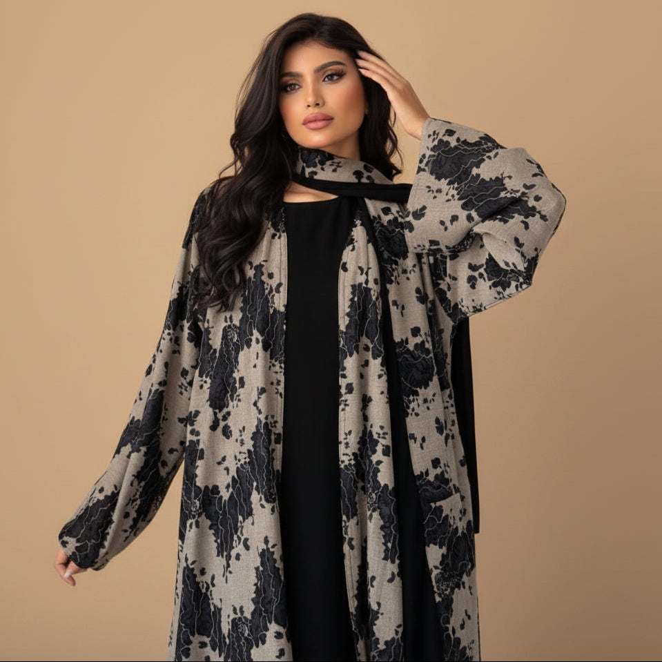 Muslim Women Cardigan Open Abaya Dress With A Matching Hijab - Black - #26M300