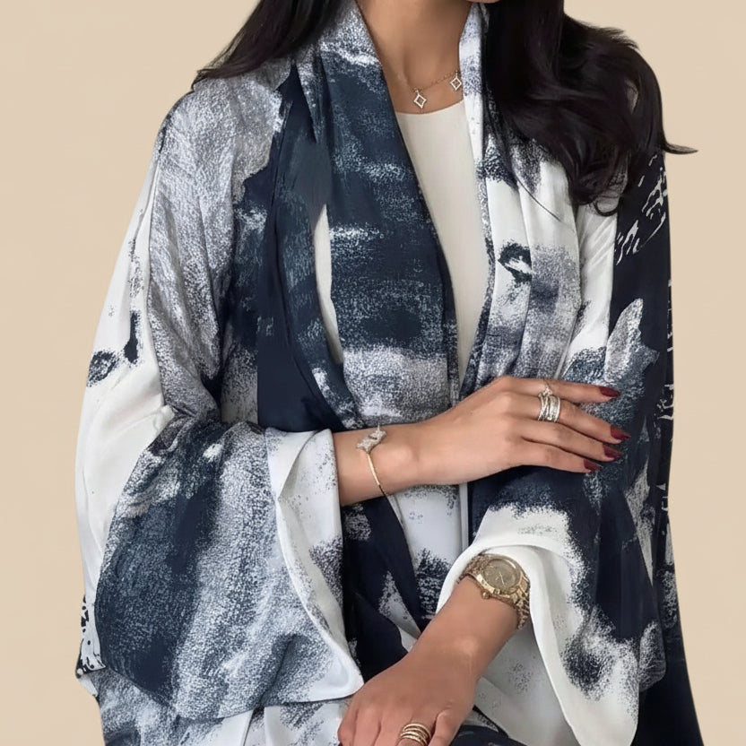 فستان عباية مفتوح من الشيفون المطبوع مع حجاب متناسق #25228