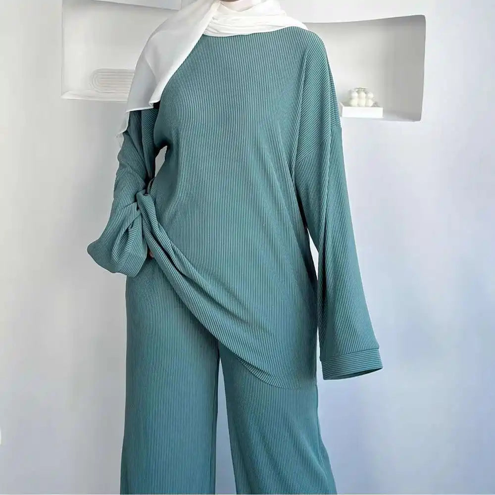 Corduroy Muslim Women 2 Pieces Suit Set Tops And Pants