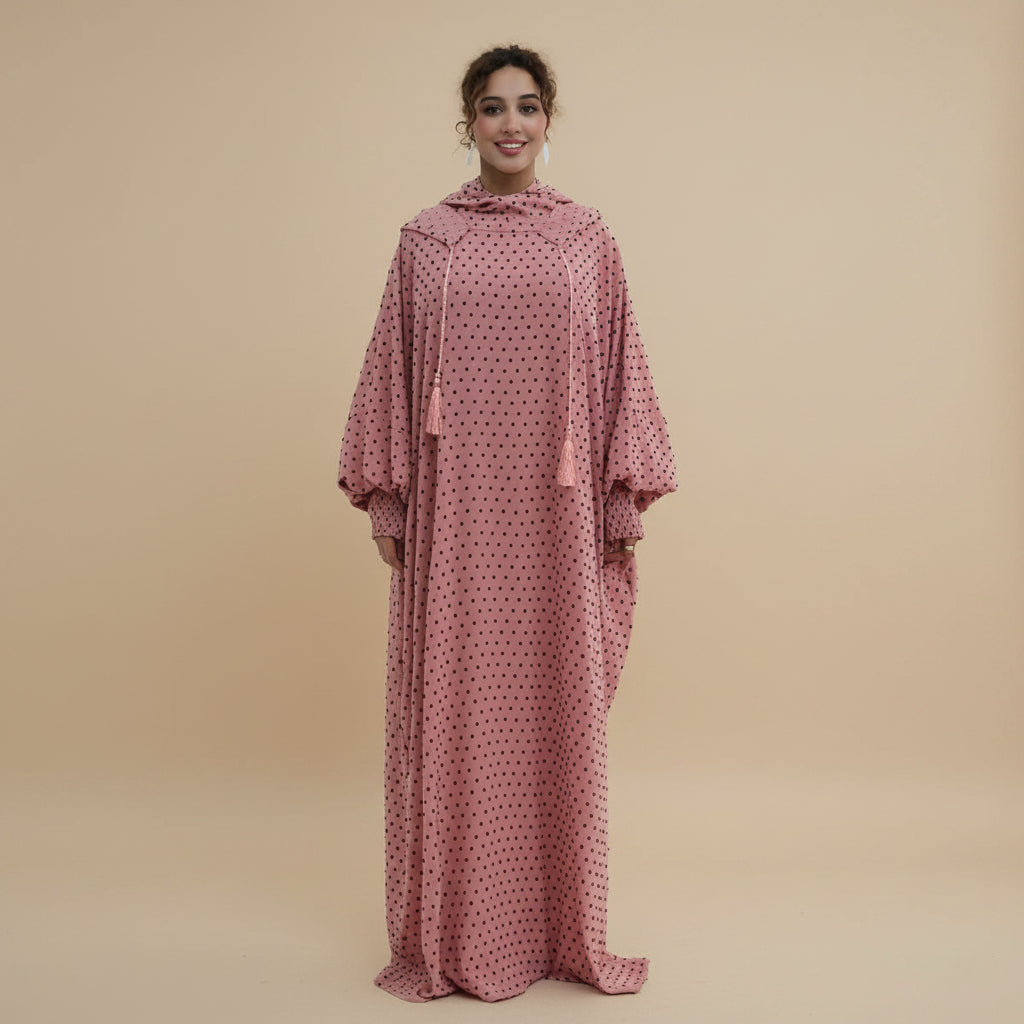 Muslim Women Hooded Polka Dots Printed Jilbab Abaya Dress #261196