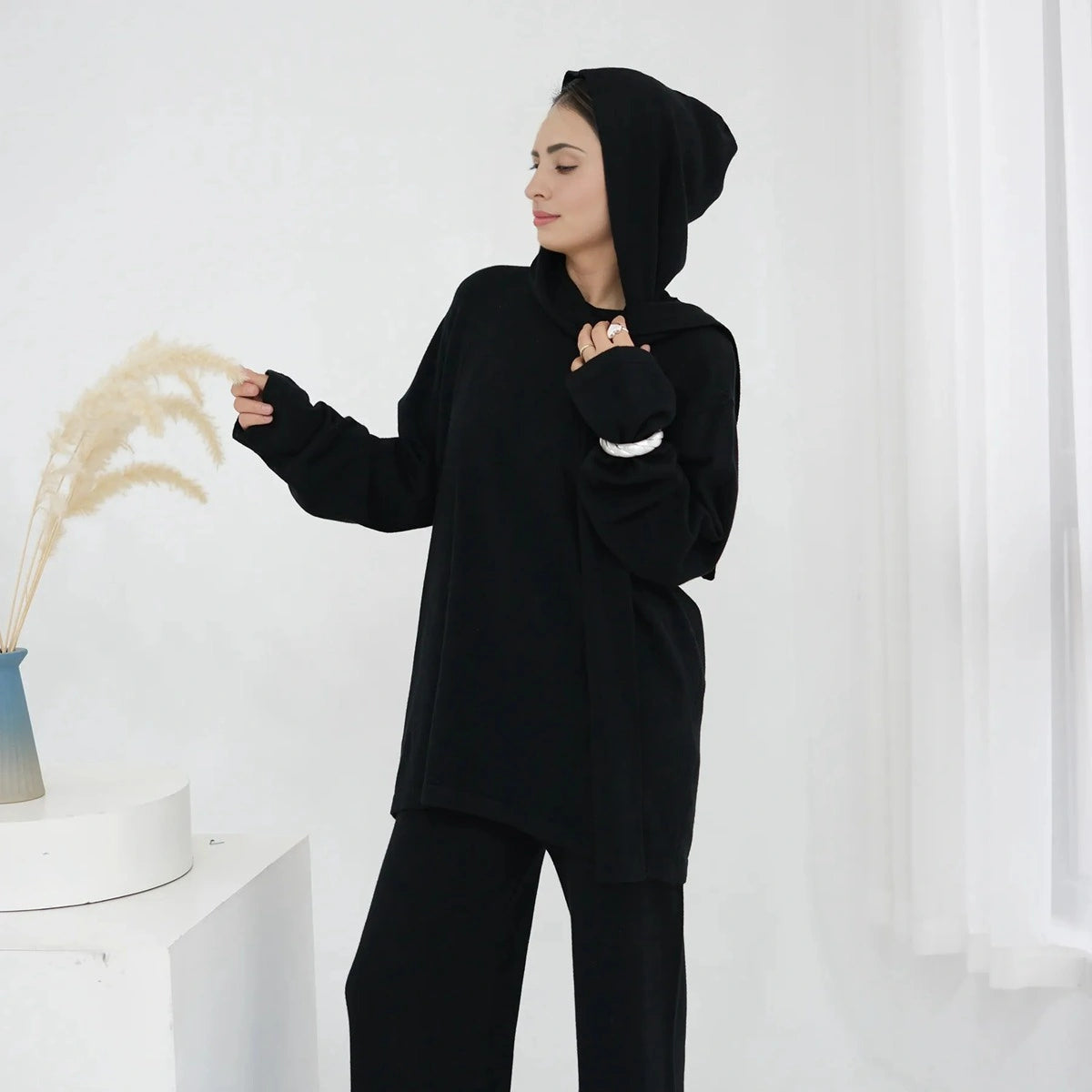 Winter Fall Muslim Women Knitted 2 Pieces Set Tops And Pants Suit Set #25W001