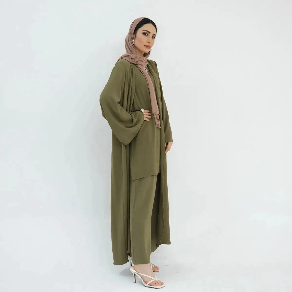 3 Pieces Set Sleeveless Tops Pants Suit With Open Abaya Dress For Muslim Women