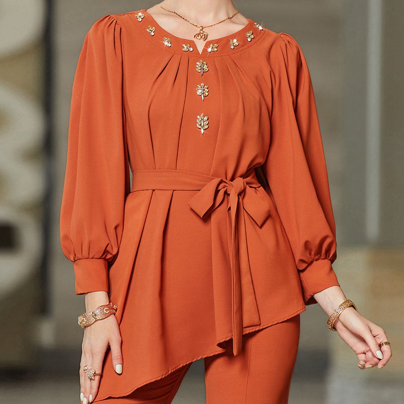 2 Pieces Set Pants Suit Hand-stitched Rhinestone With Tops And Pants For Muslim Women