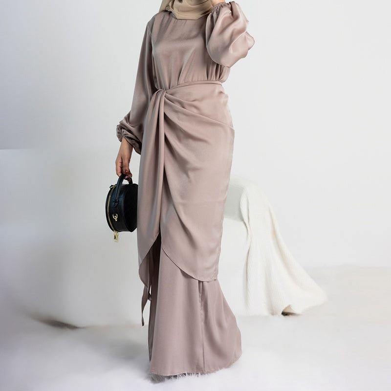 Muslim Women Satin Abaya Dress With Midi Wrap