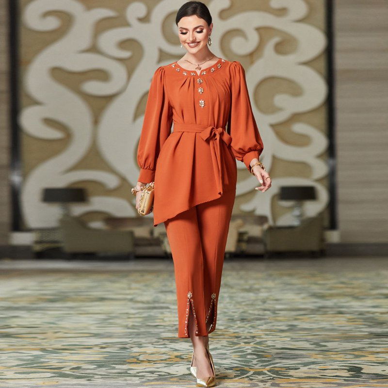 2 Pieces Set Pants Suit Hand-stitched Rhinestone With Tops And Pants For Muslim Women