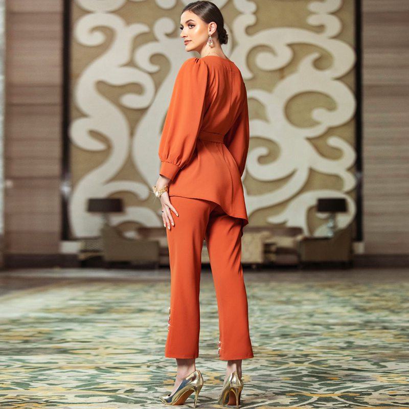 2 Pieces Set Pants Suit Hand-stitched Rhinestone With Tops And Pants For Muslim Women