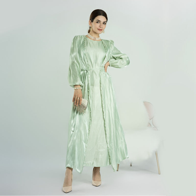 Eid 2 Pieces Set Beads Open Abaya Dress, With Outer Abaya And Inner Sleeveless Dress