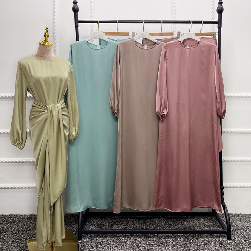 Muslim Women Satin Abaya Dress With Midi Wrap