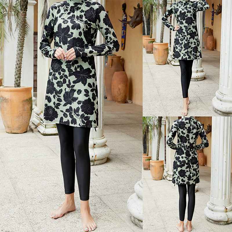 3 Pieces Set Floral Printed Islamic Burkini Bathing Suit Swimwear For Arab Muslim Women