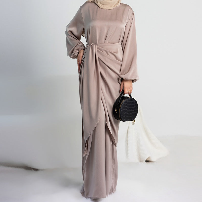 Muslim Women Satin Abaya Dress With Midi Wrap