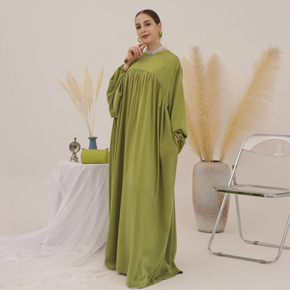 11 Color Options Satin Long Robe Abaya Dress With Pocket