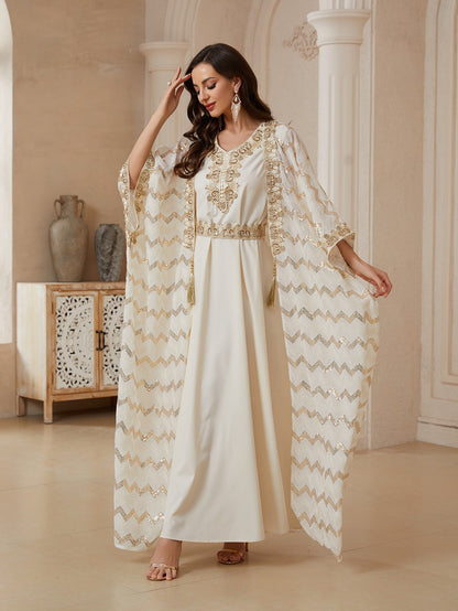 Eid 2 Pieces Set Embroidery Sequins Kaftan Caftan Dress With Inner Sleeveless Dress #26174