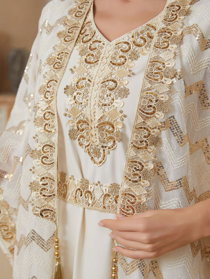 Eid 2 Pieces Set Embroidery Sequins Kaftan Caftan Dress With Inner Sleeveless Dress #26174