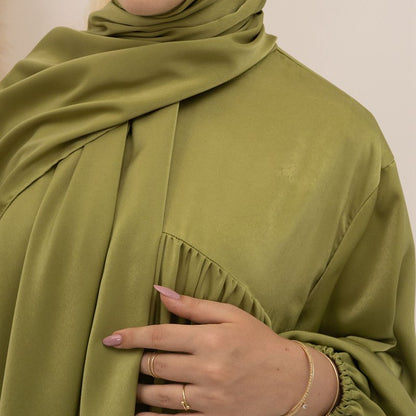 11 Color Options Satin Long Robe Abaya Dress With Pocket
