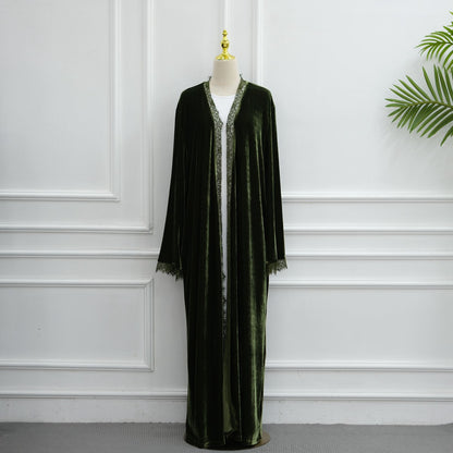 Muslim Women Lace Trimming Velvet Open Abaya Dress #261385